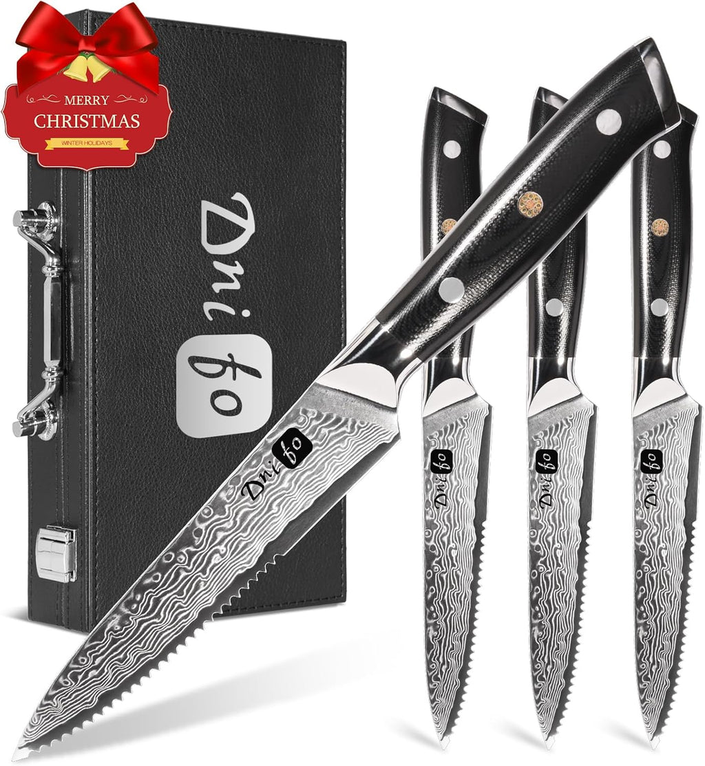 Steak Knives Set of 4,5 Inch VG10 Japanese Steak Knives, Damascus Pattern Half-serrated Meat Knife with Full Tang Handle,Razor-Sharp Durable Dinner Knives with Gift Box