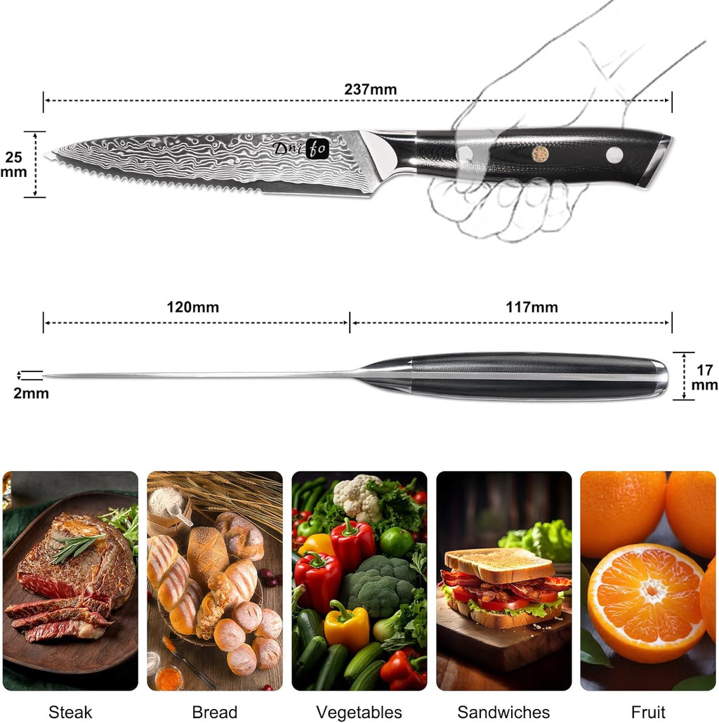 Steak Knives Set of 4,5 Inch VG10 Japanese Steak Knives, Damascus Pattern Half-serrated Meat Knife with Full Tang Handle,Razor-Sharp Durable Dinner Knives with Gift Box