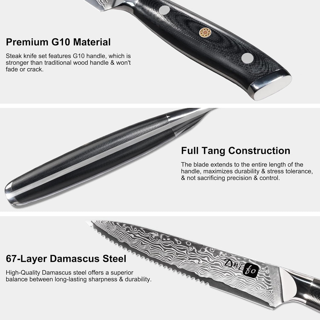 Steak Knives Set of 4,5 Inch VG10 Japanese Steak Knives, Damascus Pattern Half-serrated Meat Knife with Full Tang Handle,Razor-Sharp Durable Dinner Knives with Gift Box