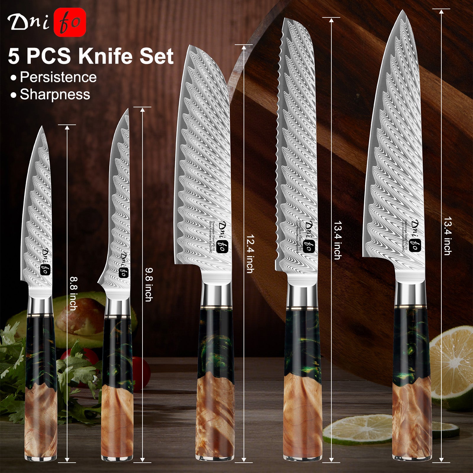 5 Piece Damascus Knife Set, Japanese Knives with 66-Layers Damascus Steel & VG 10 Steel Core, Resin Handle, Includes 5" Paring, 6" Boning, 7" Santoku, 8" Chef & 8" Bread Damascus Knives in Gift Box