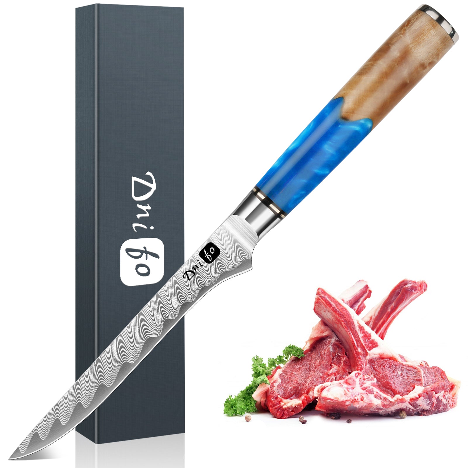 Fillet Knife 6 Inch Damascus Boning Knife for Meat Fish and Poultry Cutting with Super Sharp Japanese Blade with Gift Box and Resin Wood Handle, Ideal Gift for Men and Women