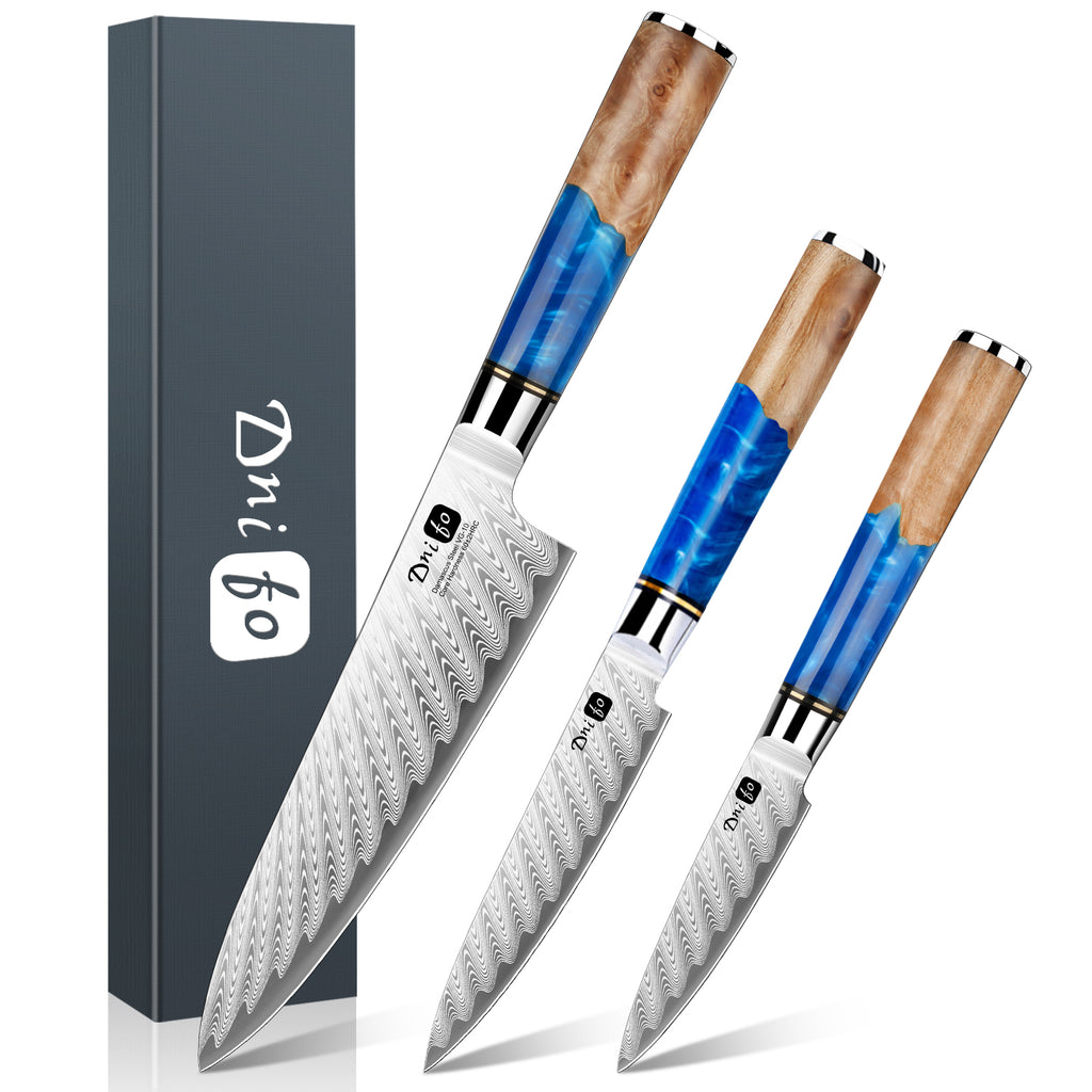 Damascus Kitchen Knife Set 3PCS,Includes 8" Chef Knife, 5" Utility Kitchen Knife and 3.5" Paring Knife,67-Layers Damascus Knife with Resin Wood Handle
