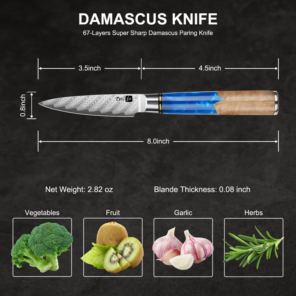 2PCS Damascus Paring Knife Set - Razor Sharp 3.5” Fruit Knife & 5” Utility Kitchen Knife with 67-Layer Damascus Steel & VG10 Core
