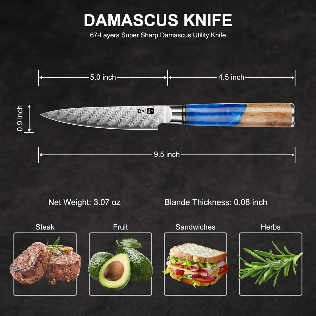 2PCS Damascus Paring Knife Set - Razor Sharp 3.5” Fruit Knife & 5” Utility Kitchen Knife with 67-Layer Damascus Steel & VG10 Core