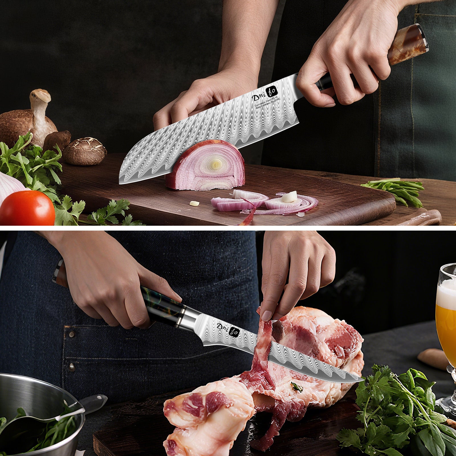 5 Piece Damascus Knife Set, Japanese Knives with 66-Layers Damascus Steel & VG 10 Steel Core, Resin Handle, Includes 5" Paring, 6" Boning, 7" Santoku, 8" Chef & 8" Bread Damascus Knives in Gift Box