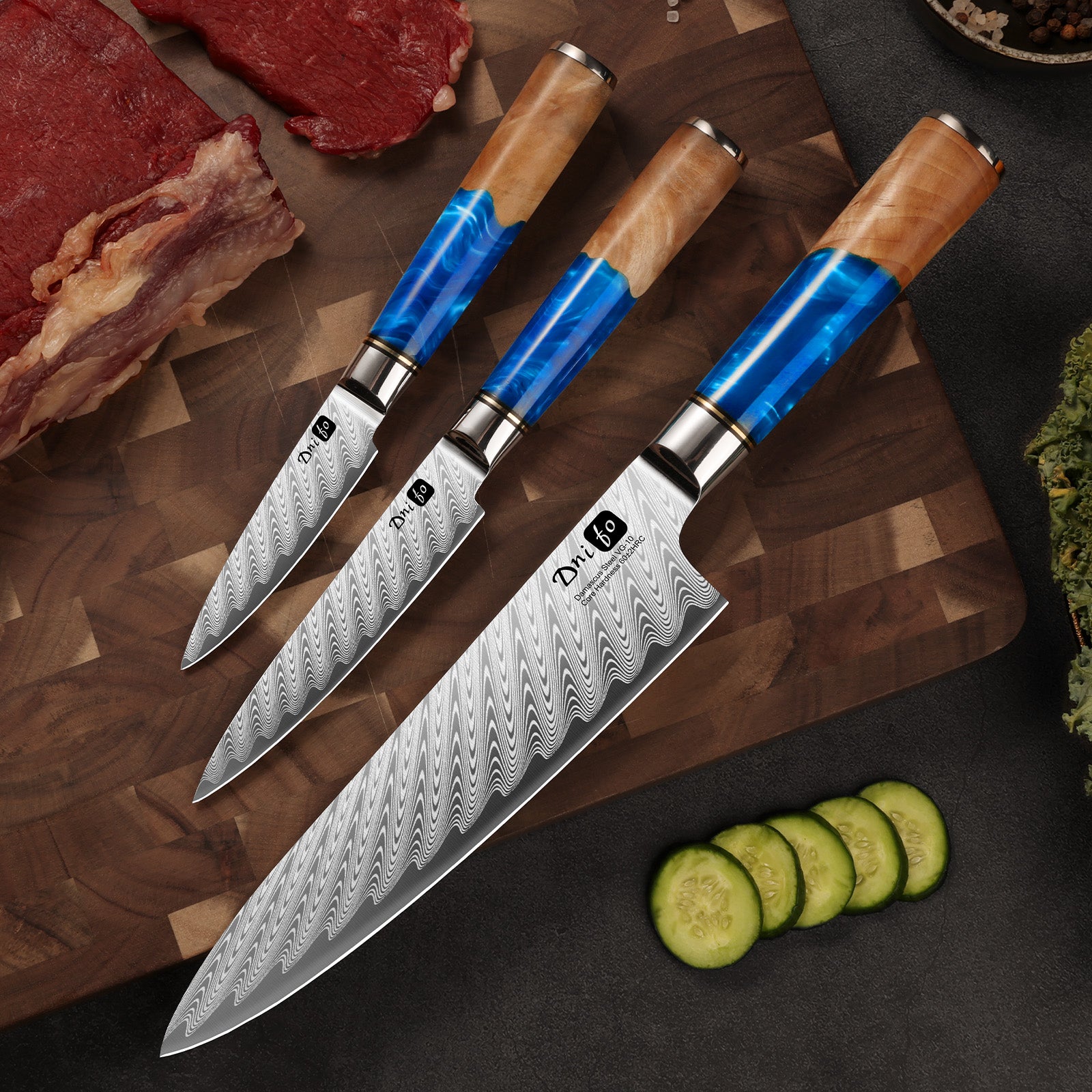 Dnifo Chef Knife 8 Inch, Damascus VG-10 Steel Sharp Japanese Kitchen Knife with Gift Box and Resin Wood Handle, Ideal Birthday Gift for Men and Women