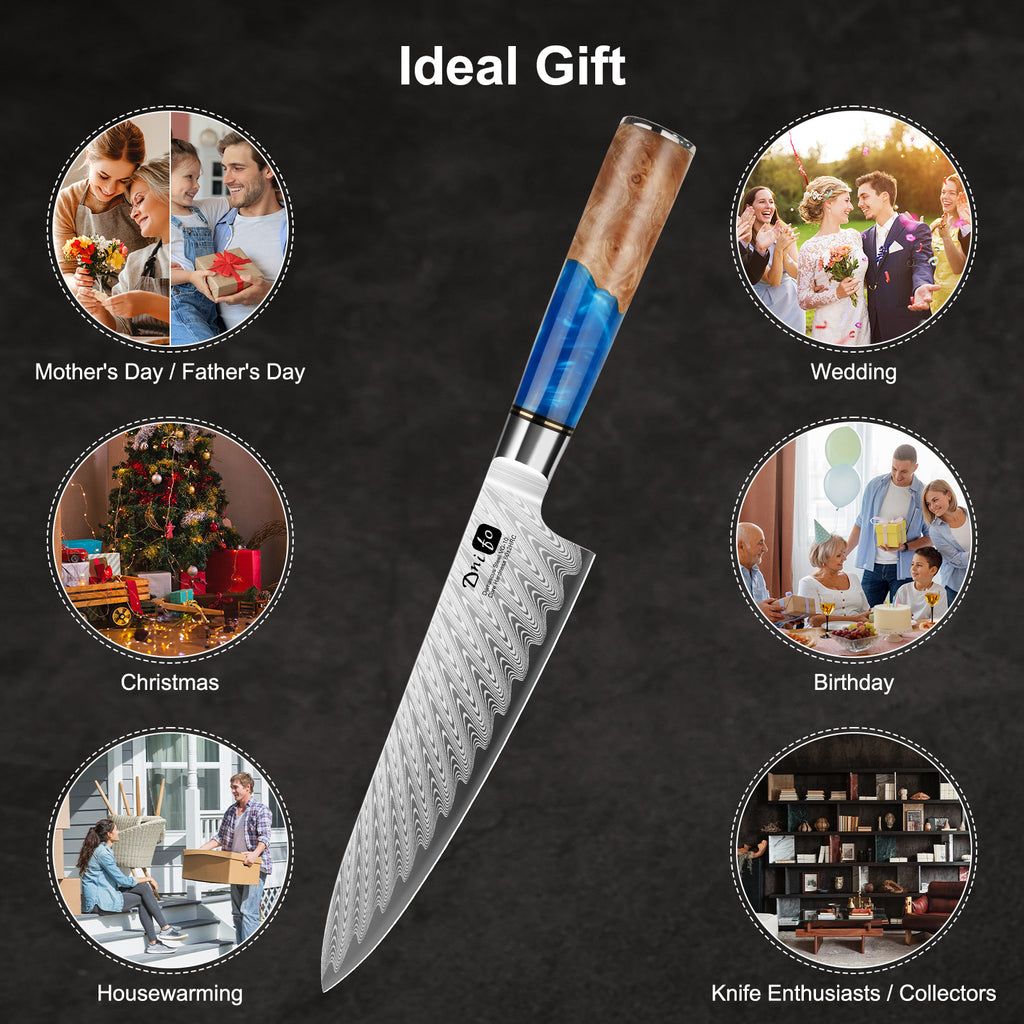 Dnifo Chef Knife 8 Inch, Damascus VG-10 Steel Sharp Japanese Kitchen Knife with Gift Box and Resin Wood Handle, Ideal Birthday Gift for Men and Women