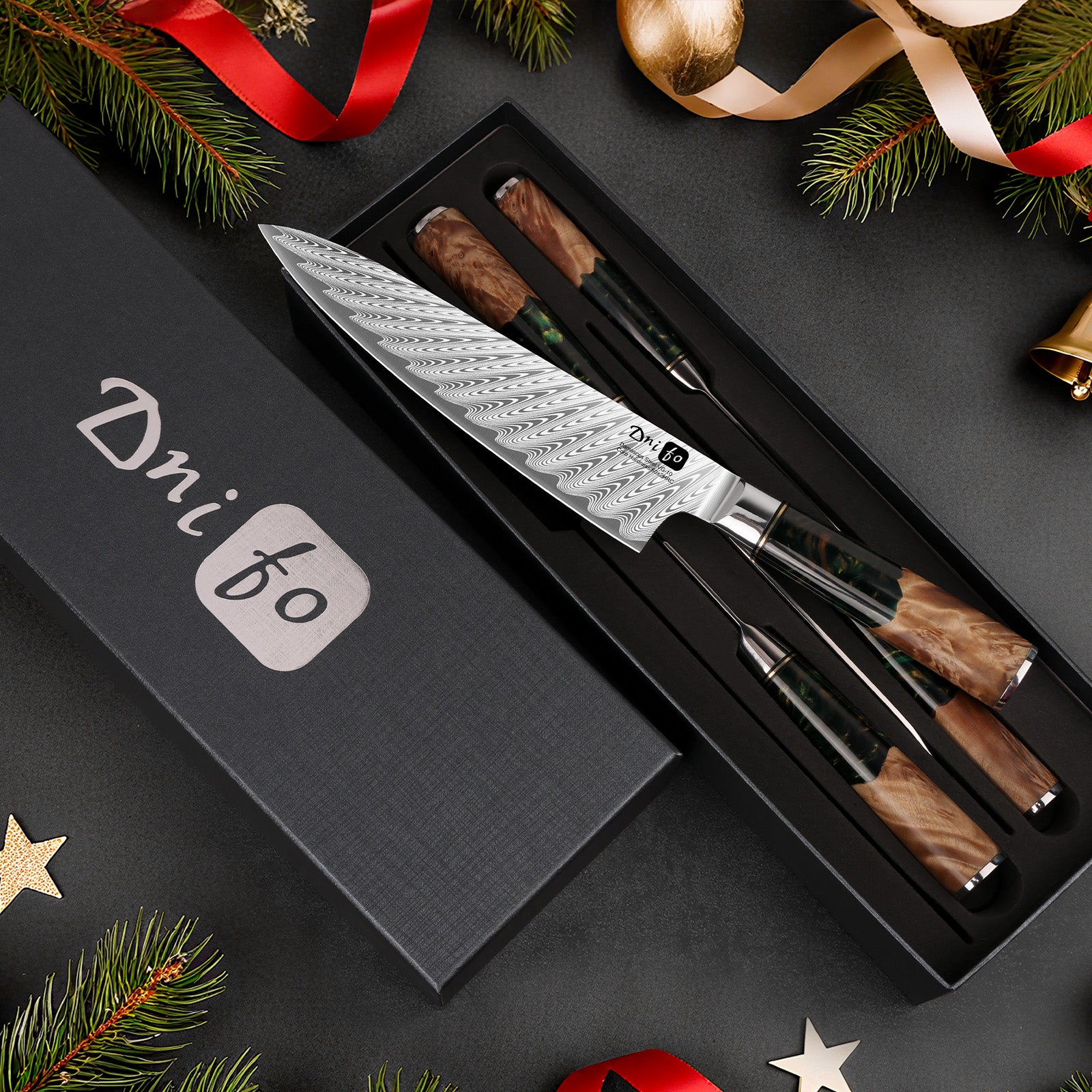 5 Piece Damascus Knife Set, Japanese Knives with 66-Layers Damascus Steel & VG 10 Steel Core, Resin Handle, Includes 5" Paring, 6" Boning, 7" Santoku, 8" Chef & 8" Bread Damascus Knives in Gift Box