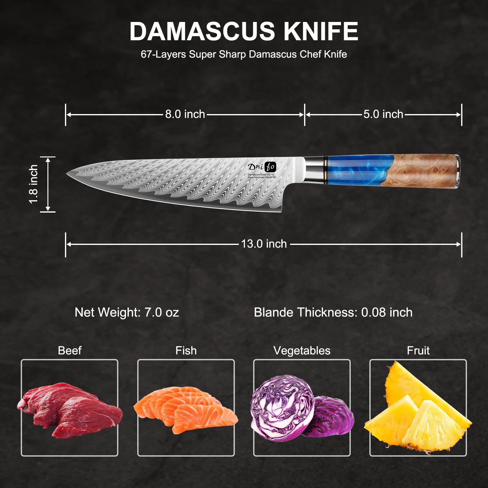 Dnifo Chef Knife 8 Inch, Damascus VG-10 Steel Sharp Japanese Kitchen Knife with Gift Box and Resin Wood Handle, Ideal Birthday Gift for Men and Women