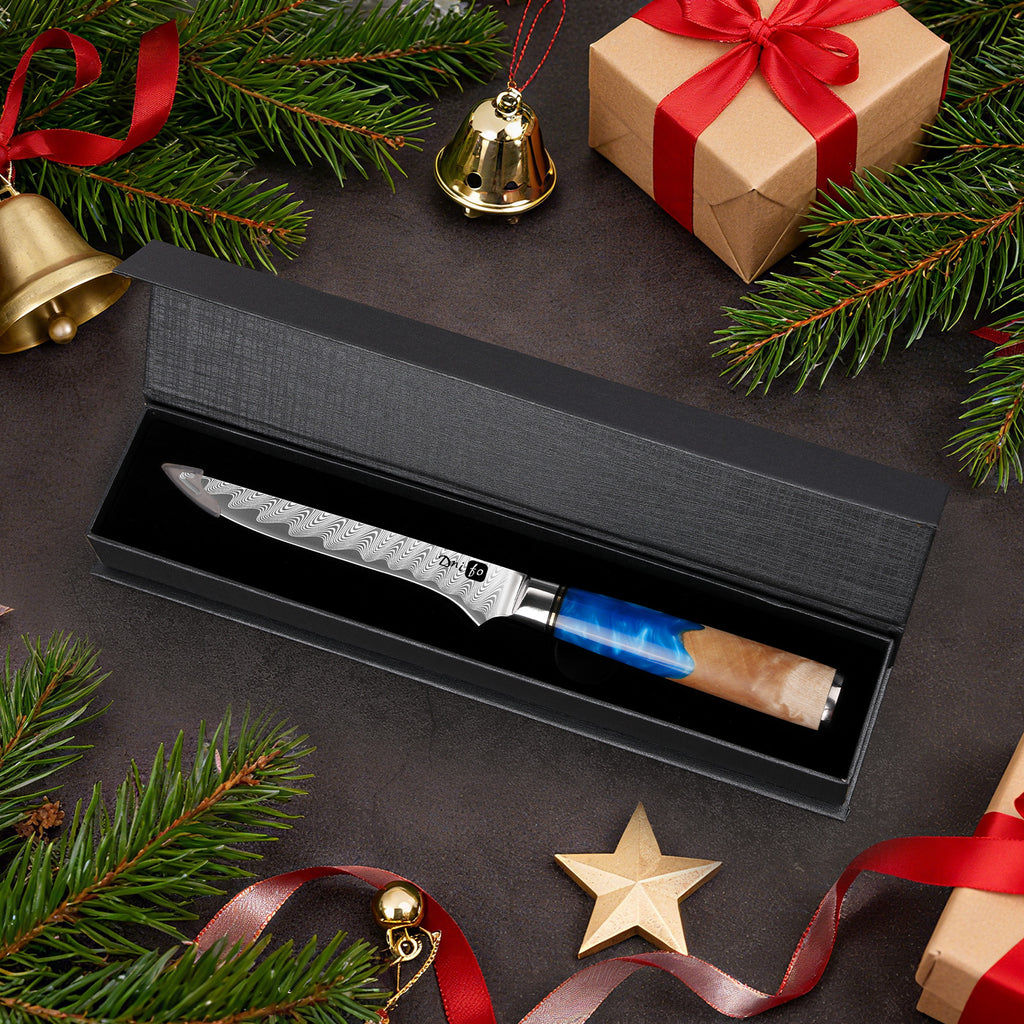 Fillet Knife 6 Inch Damascus Boning Knife for Meat Fish and Poultry Cutting with Super Sharp Japanese Blade with Gift Box and Resin Wood Handle, Ideal Gift for Men and Women
