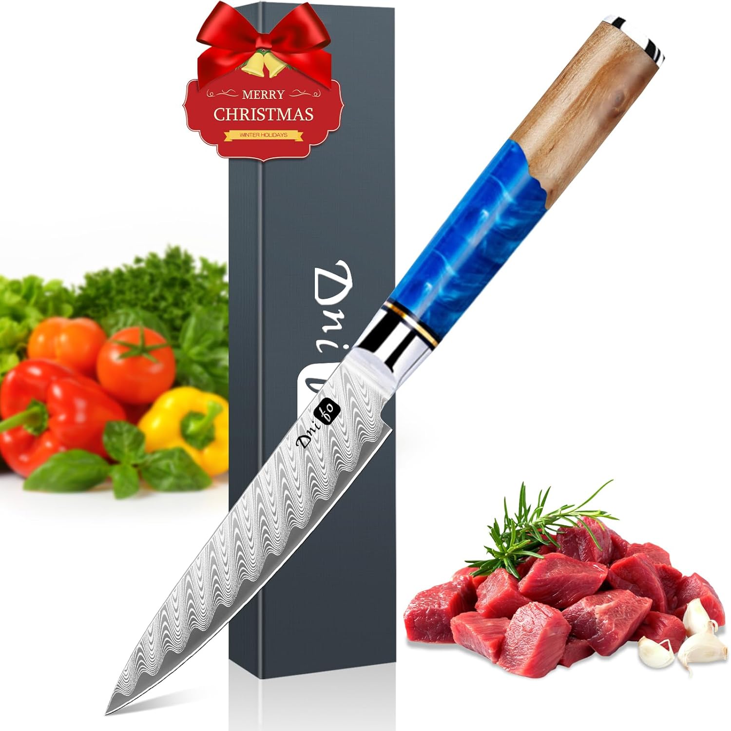 Kitchen Utility Knife 5 Inch, Japanese VG10 Steel Damascus Paring knife, Small Kitchen chef Knife with Gift Box and Resin Wood Handle, Ideal Birthday Gift for Men and Women